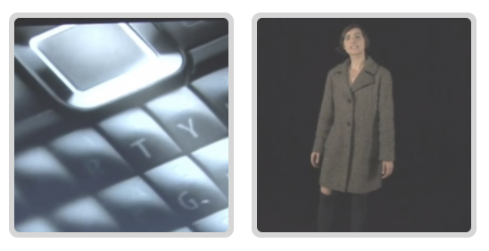 two images in squares side by side, the left image shows a computer keyboard, the right image shows a woman standing infront of a black background