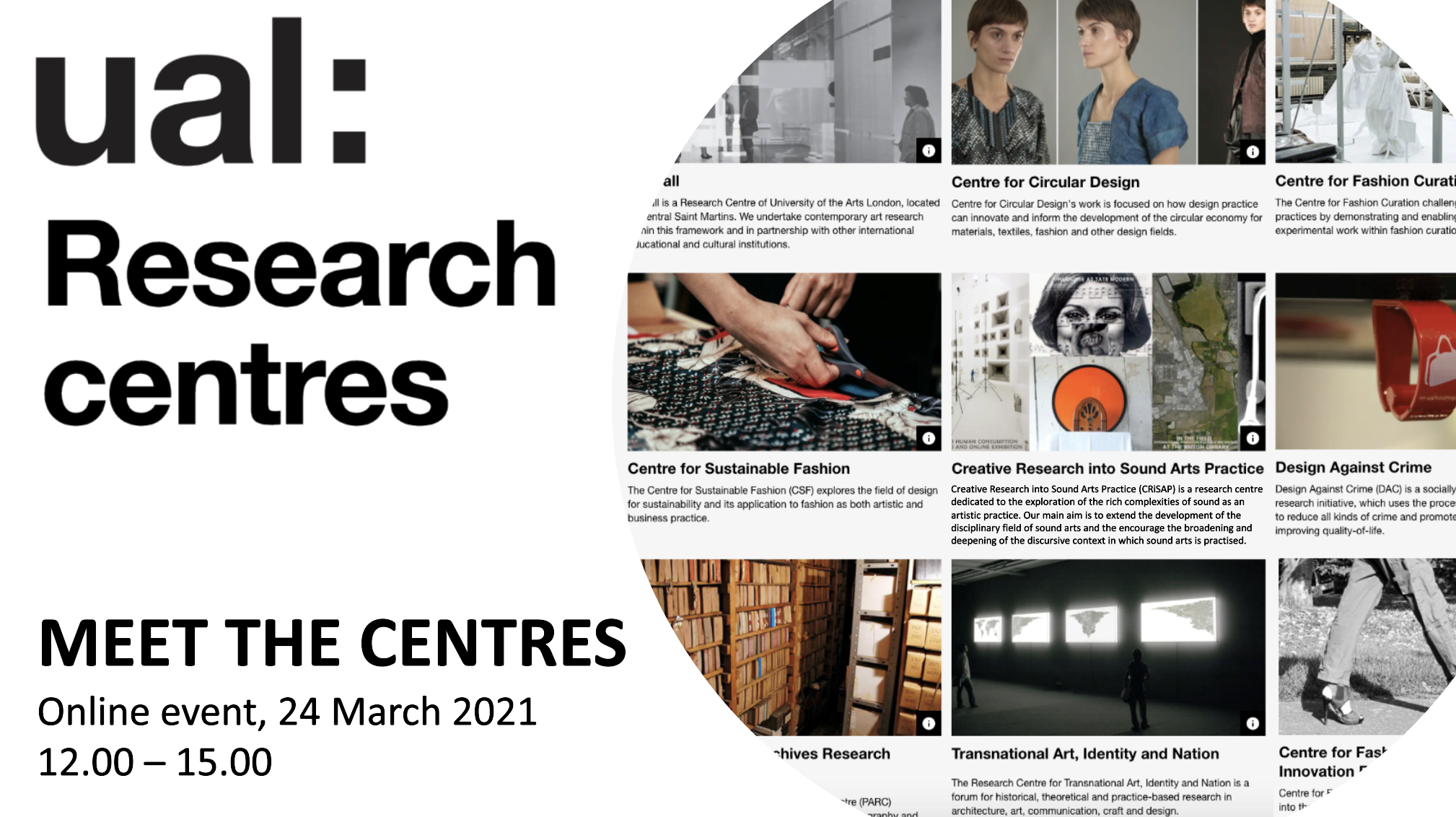 "UAL Research Centres: Meet the Centres" poster with images for each centre