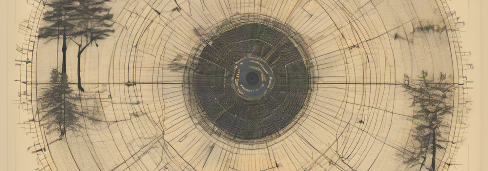 Abstract circular sketch with trees on the periphery. Lines leading towards a black centre resembling the middle of a vinyl record or speaker - drawn on old yellowed paper