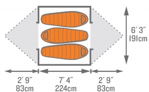 Graphic image showing a tent floor plan, layout and size