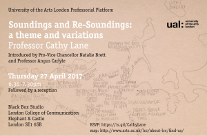 Poster - "Sounding and Re-Soundings: a theme and variations, Prof Cathy Lane" with location, dates, credits and logo
