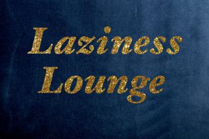 Laziness Lounge postcard - gold text on blue