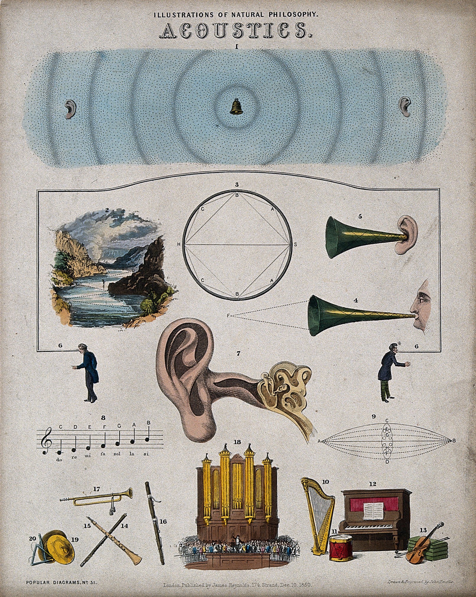 an illustration showing ears, listening horns, organs, instruments and notation