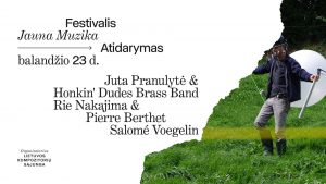 poster for "festivalis Jauna Muzika" text on white background with half a torn image of a person in a field