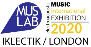 A logo and text that reads " MUS LAB, electroacoustic MUSIC international Exhibition 2020, IKLECKTIC / LONDON