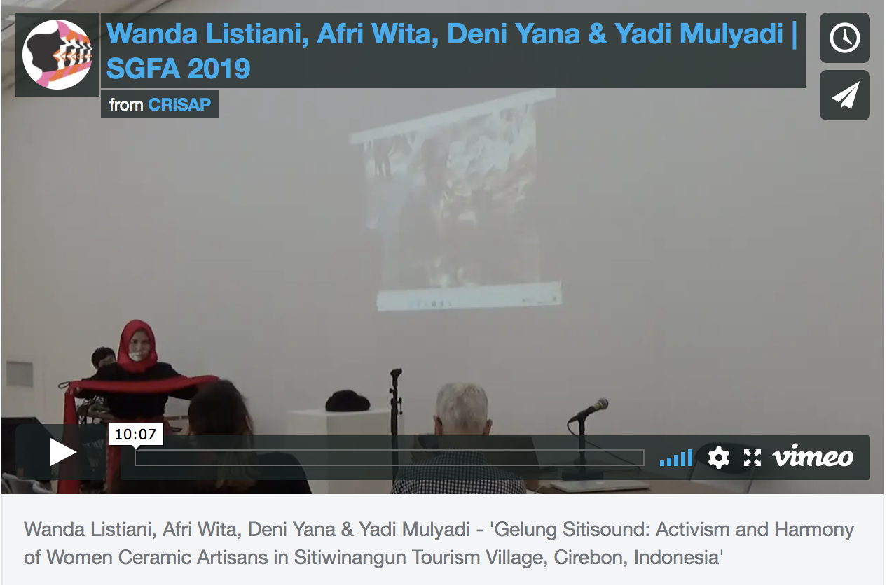 A vimeo video still showing a woman dancing with a red scarf. Text reads " Wanda Listiani, Afri Wita, Deni Yana & Yadi Mulyadi | SGFA 2019, by CRiSAP"