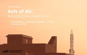 Orange pink sky with sky line silhouette of buildings and words "Acts of Air: Reshaping the urban sonic"