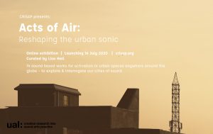 Orange pink sky with sky line silhouette and words "Acts of Air: Reshaping the urban sonic"