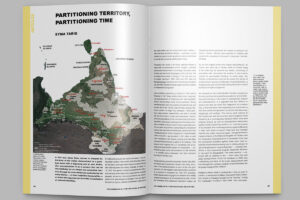 double page spread of the Funambulist, showing text and an upside down map of India
