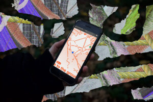 Interactive artwork 'We are Just...' displaying on a mobile phone, held infront of textured background image