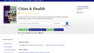 Cities and Health home page on www.tandfonline.com showing journal cover image, menus and text