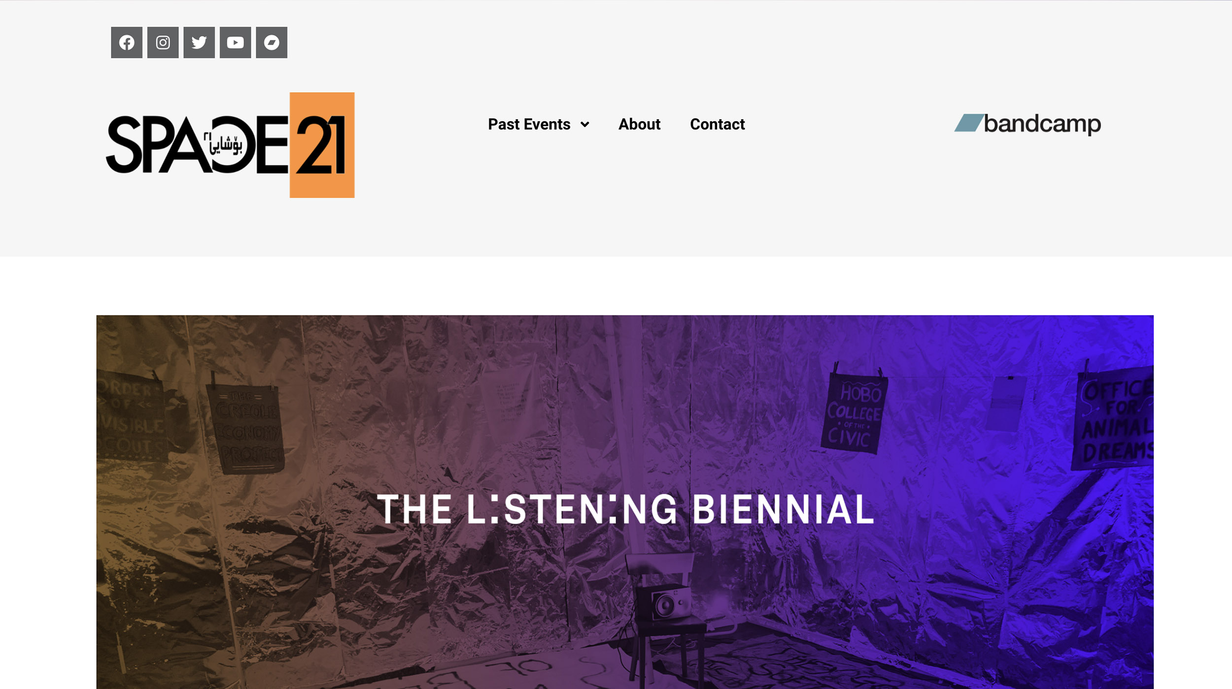 Sapce 21 website home page - menus and purple image of a room with title 'The Listening Biennial'
