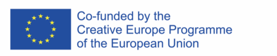 logo: blue texts reads Co-funded by the Creative European Program of the European Union. With a EU flag