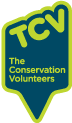 TCV logo green letters on blue shape. text reads The Conservation Volunteers