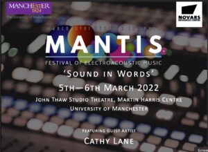 blurred dots of lights with text overlaid: MANTIS Sound in words 5-6 March 2022. Full text on webpage
