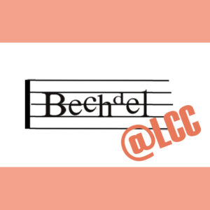 pink and white striped background with musical score and the words 'Bechdel @ LCC'