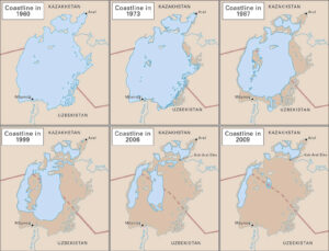 6 maps of the Aral sea showing it's significant decline between 1960 and 2009 where it remains as a small edge of water around the northern and western edges