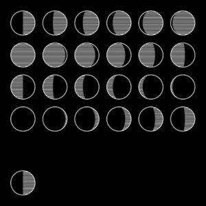 25 circles with different levels of shading, on a black background - suns and moons eclipsing