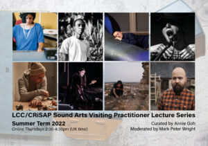 8 profile images of visiting sound arts practitioners for the LCC / CRiSAP lecture series, summer 2022, thursdays online (captioned)