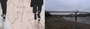 two images side by side. left image paved floor wtih two people walking and an overlayed map. Right image the river thames with bridge stretching over