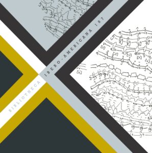 yellow and grey lines in a cross with handdrawn experimental notation and the words "Bibliotheca Ibero - Americana 187" running through the middle