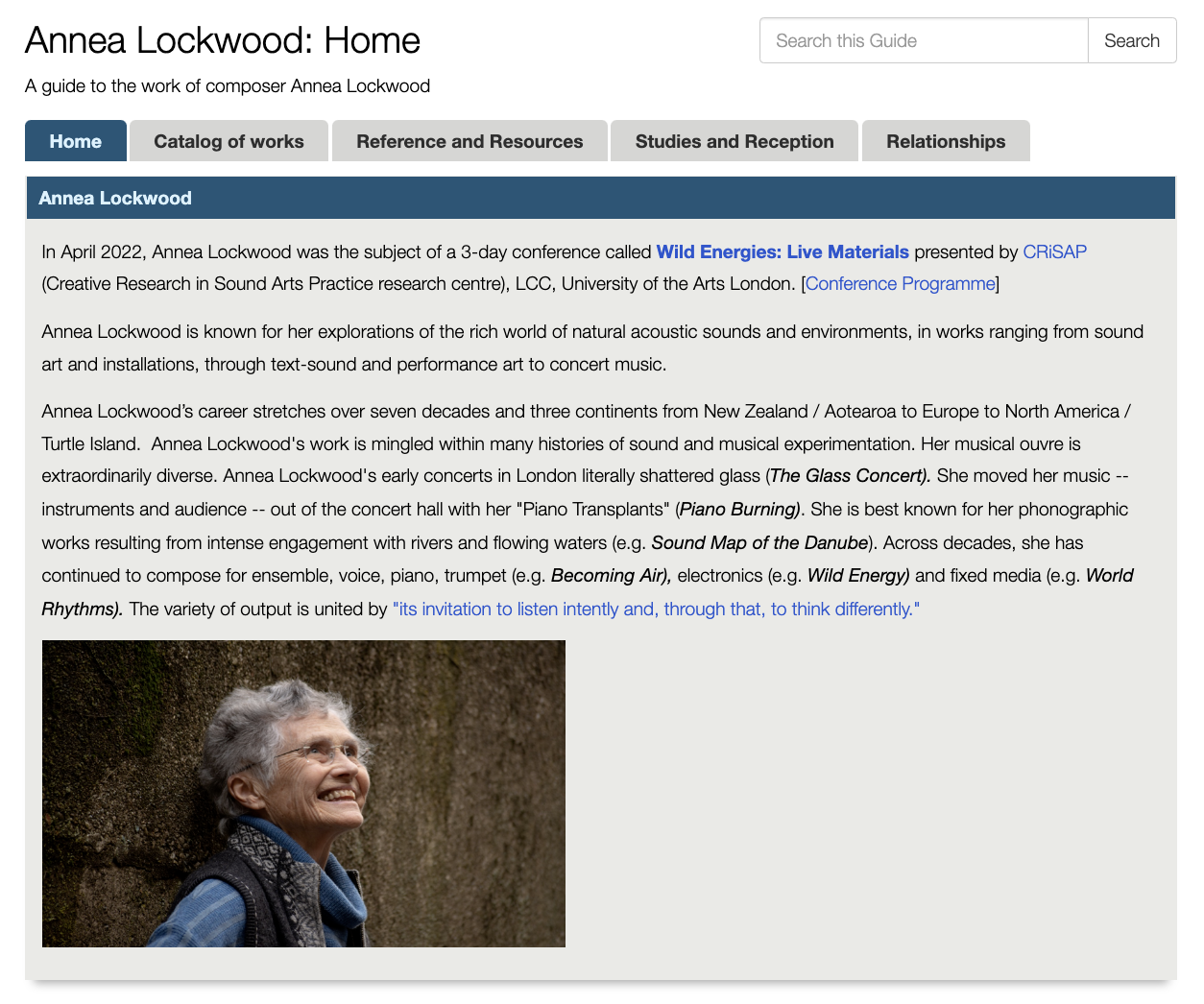 screen shot of a library guide web page - image of annea lockwood smiling, an introductory text and tabs with information, these include "catalog of works"