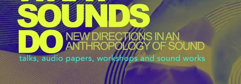 Conference poster, blue / brown abstract image with text overlaid "WHAT SOUNDS DO, New Directions in an Anthropology of sound, talks, audio papers, sounds, workshops