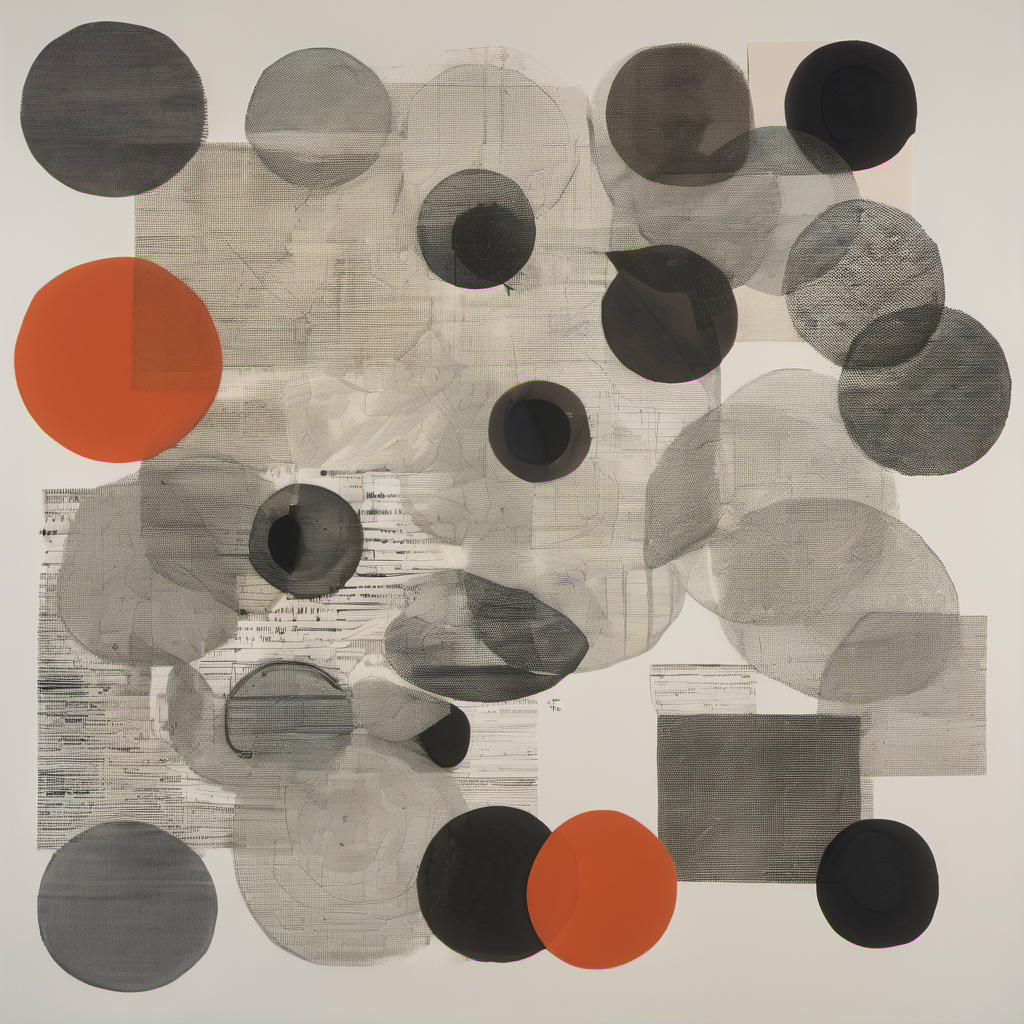 An abstract pattern of red grey and black circles against square inky blocks